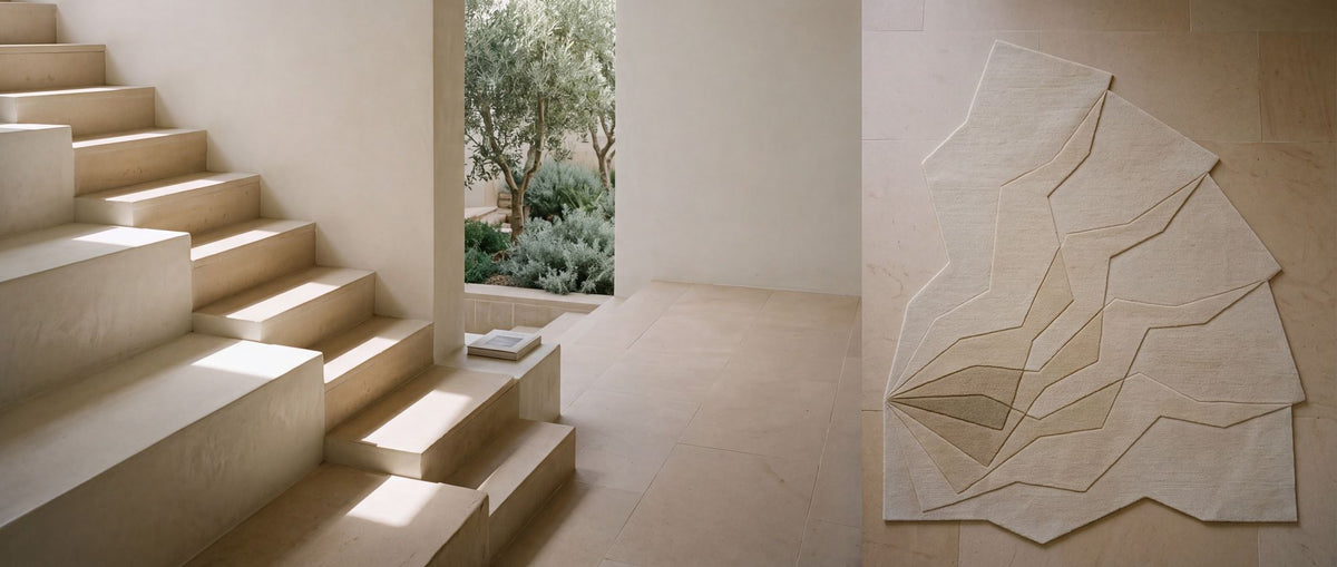 Lucid Wool Rug beside a stair in a pale stone house, hand tufted New Zealand wool in ivory and sand.