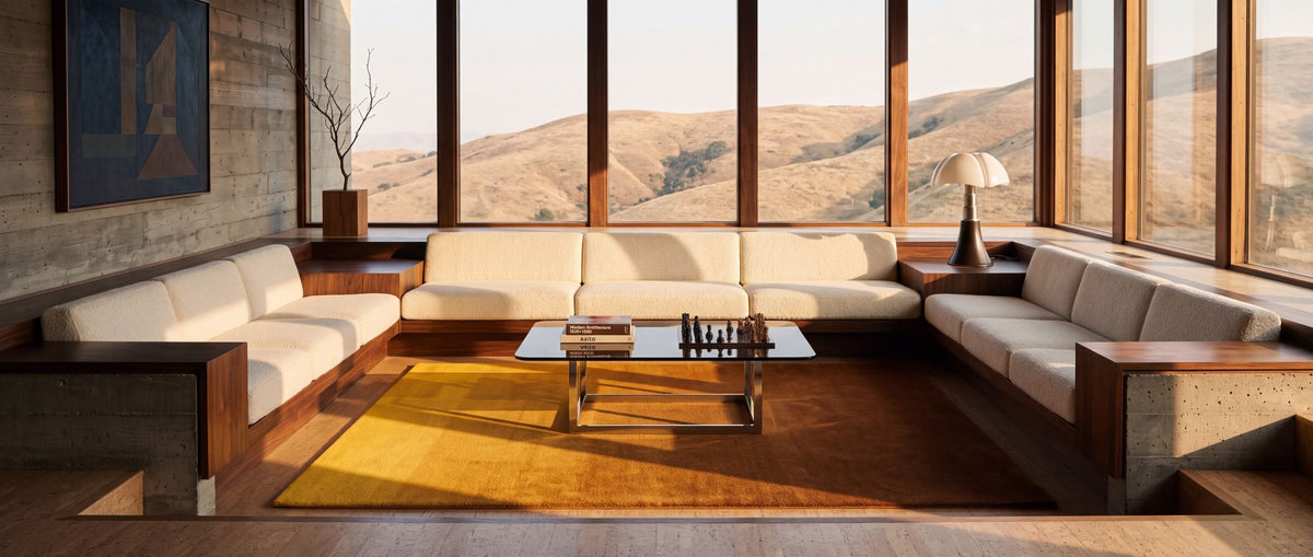 Ombré Pristine Rug in a wide living room with long windows and a low sofa in warm evening light.
