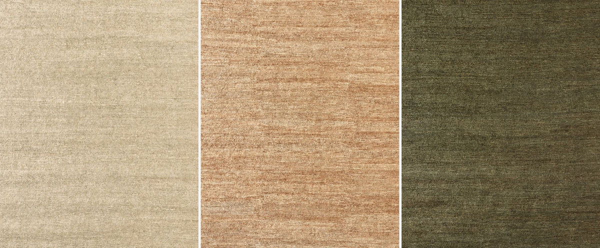 The Savannah Jute Rug surface in Cashew, Natural and Olive side by side, hand knotted jute at 15 to 16 mm.