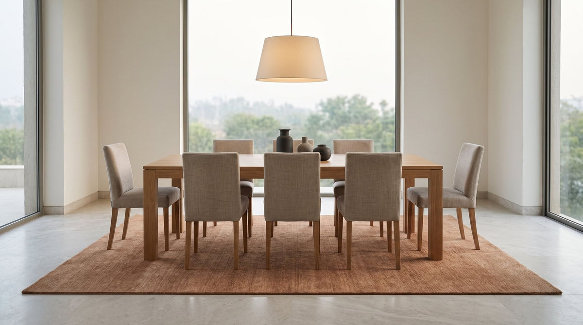 Grain Wool Rug in Russet under a dining table for eight, warm handloom New Zealand wool on a pale stone floor.