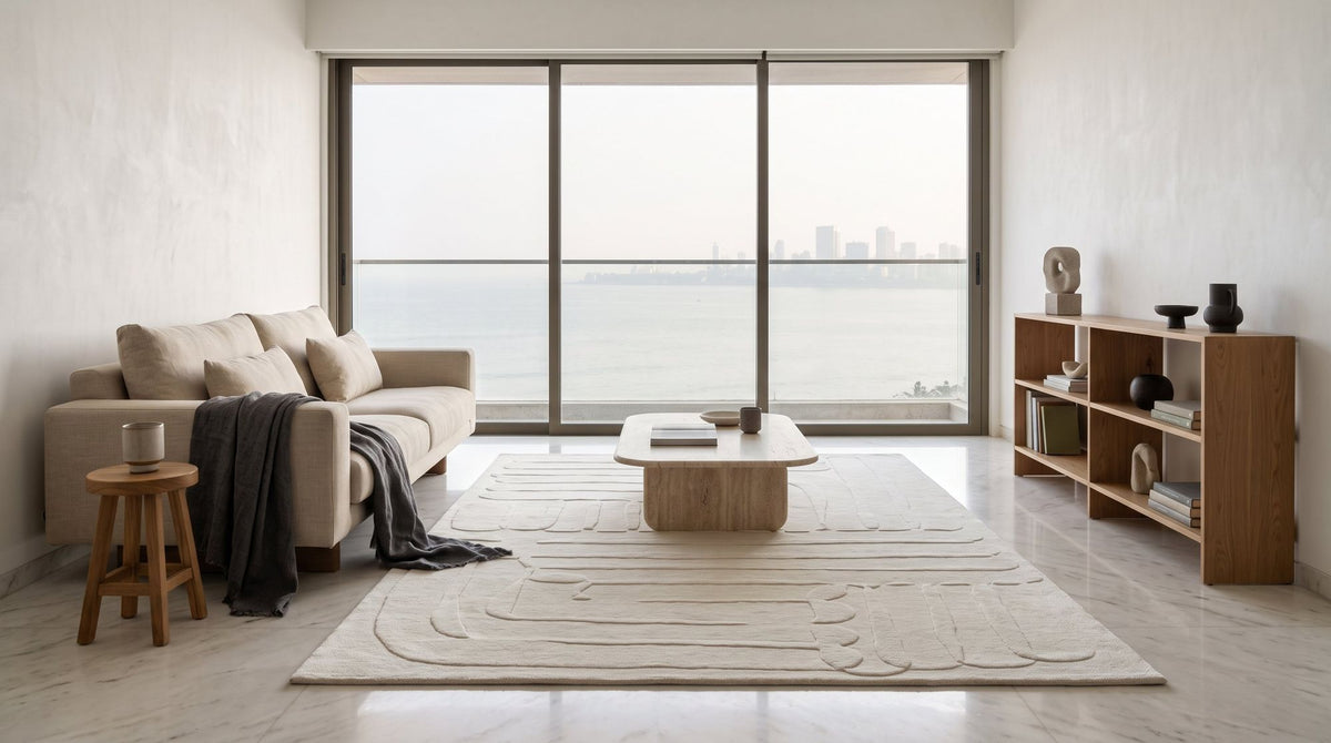 Ivory Wool Rug, hand tufted in New Zealand wool, in a living room.