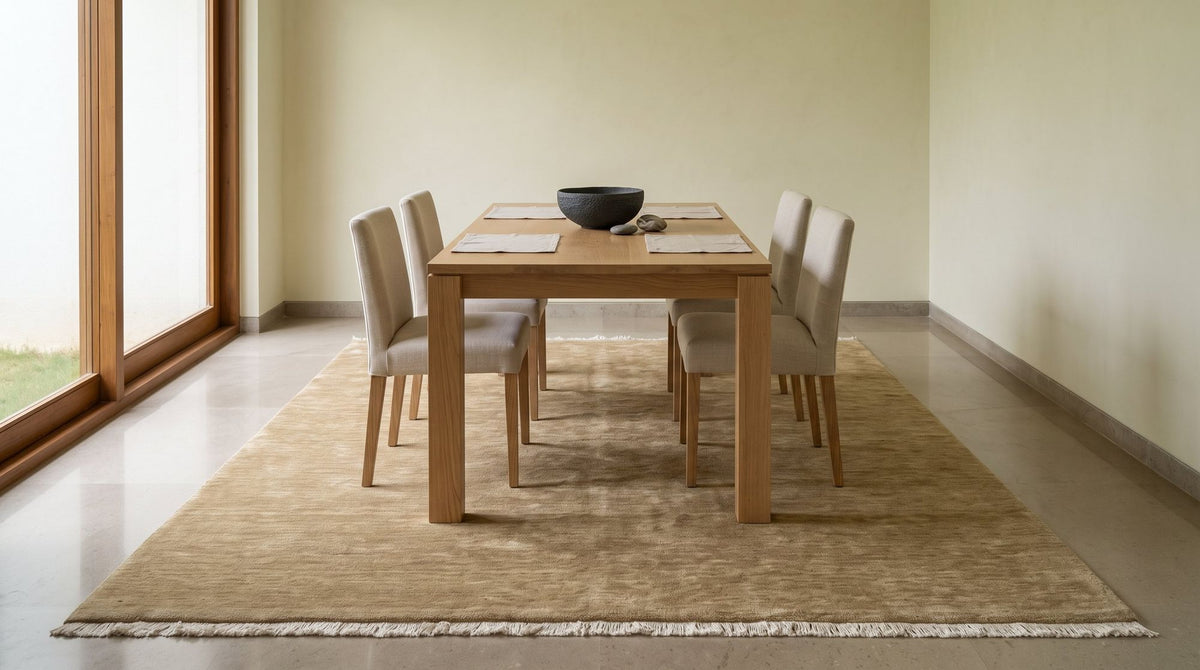 Grain Wool Rug in Sandstone under a wood dining table in a styled room, handloom New Zealand wool.