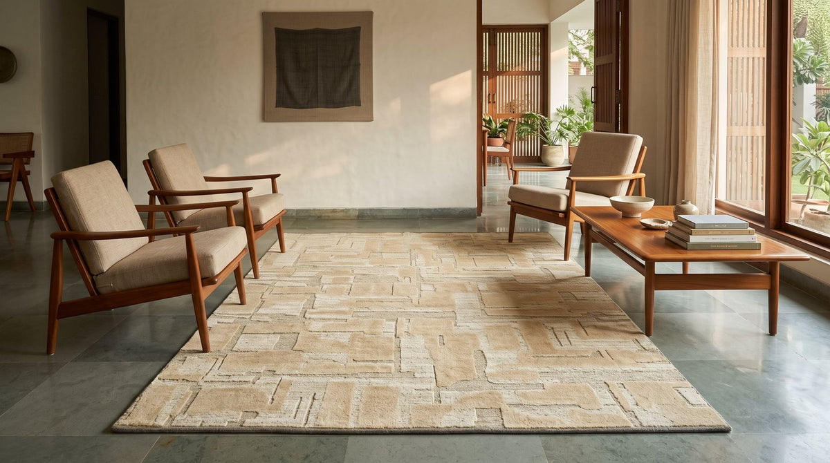 Stratum Knotted Rug in Dune in a styled living room with wood and cane chairs, hand knotted New Zealand wool in layered sand tones.