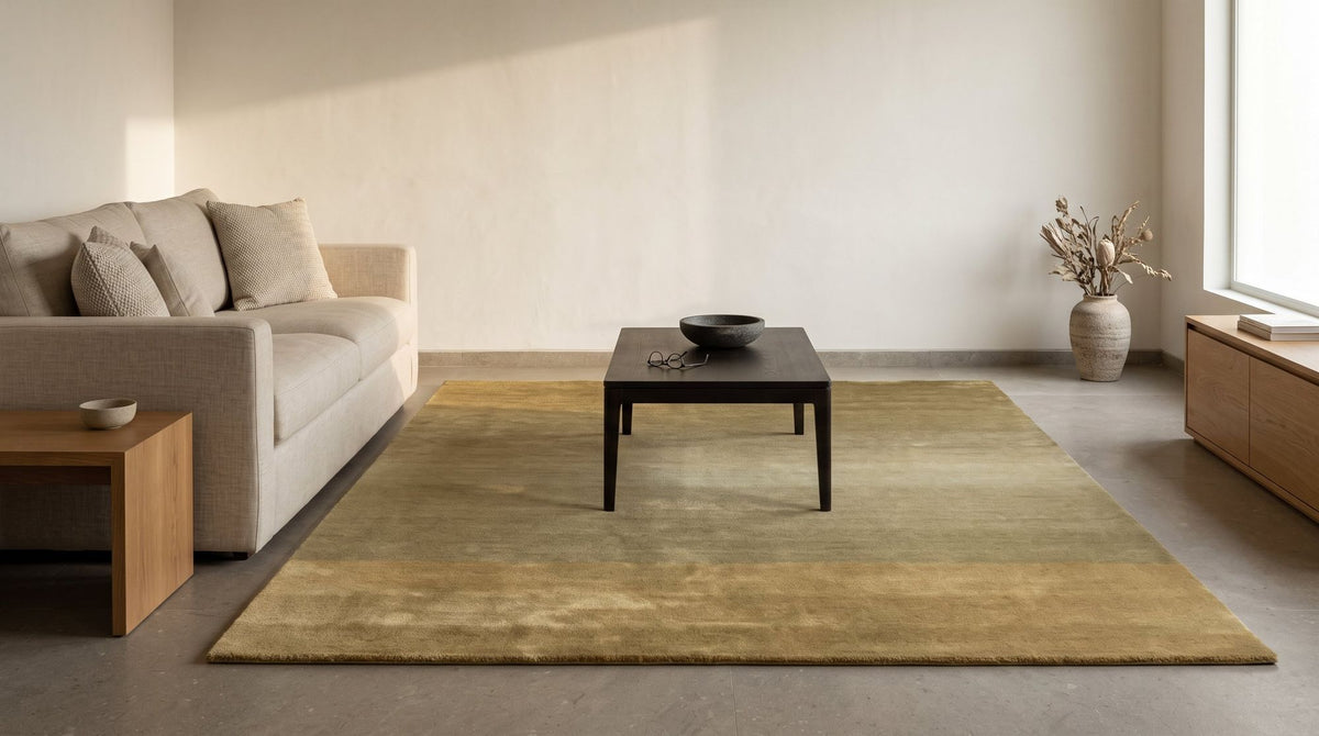 Ombré Taupe Rug in a styled living room, hand tufted New Zealand wool in a slow gradation.