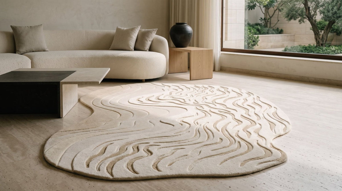 Ondulation Rug in a styled living room on a travertine floor, hand tufted New Zealand wool.
