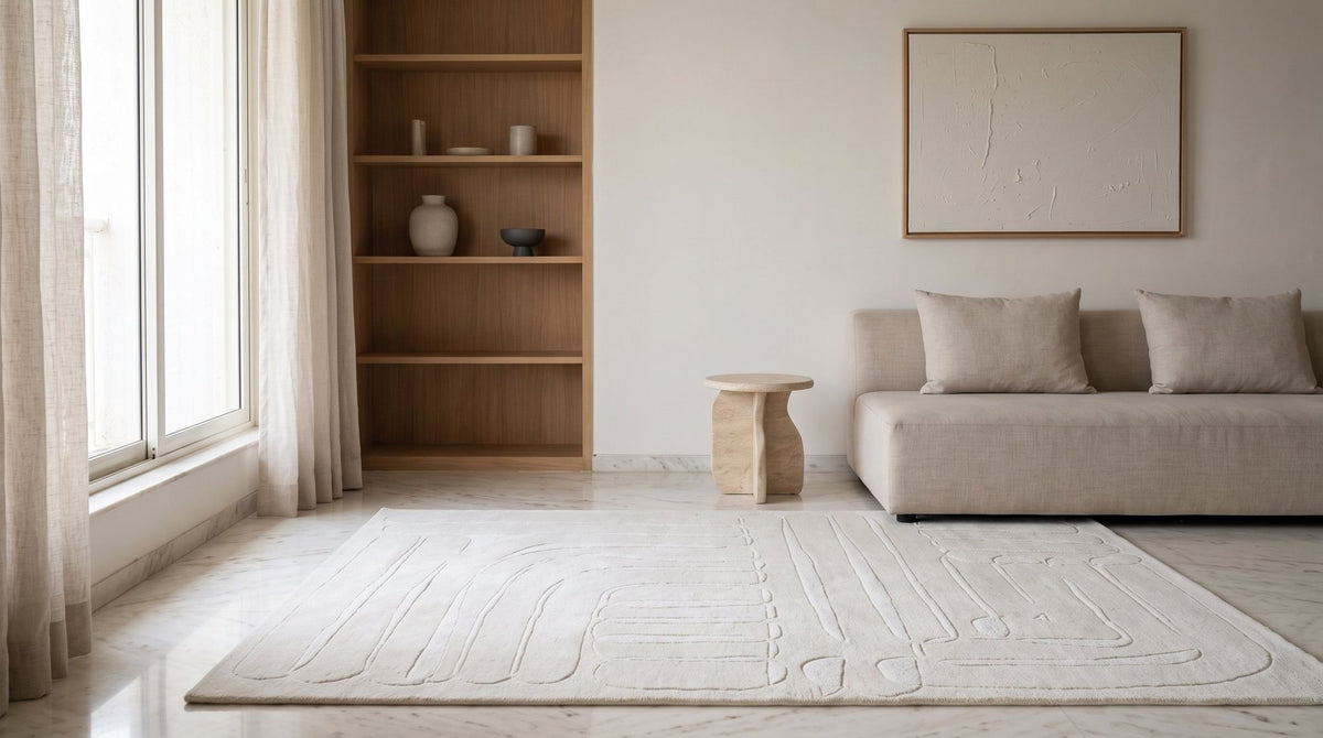 Ivory Wool Rug in a living room, hand tufted New Zealand wool in a soft ivory with carved relief.