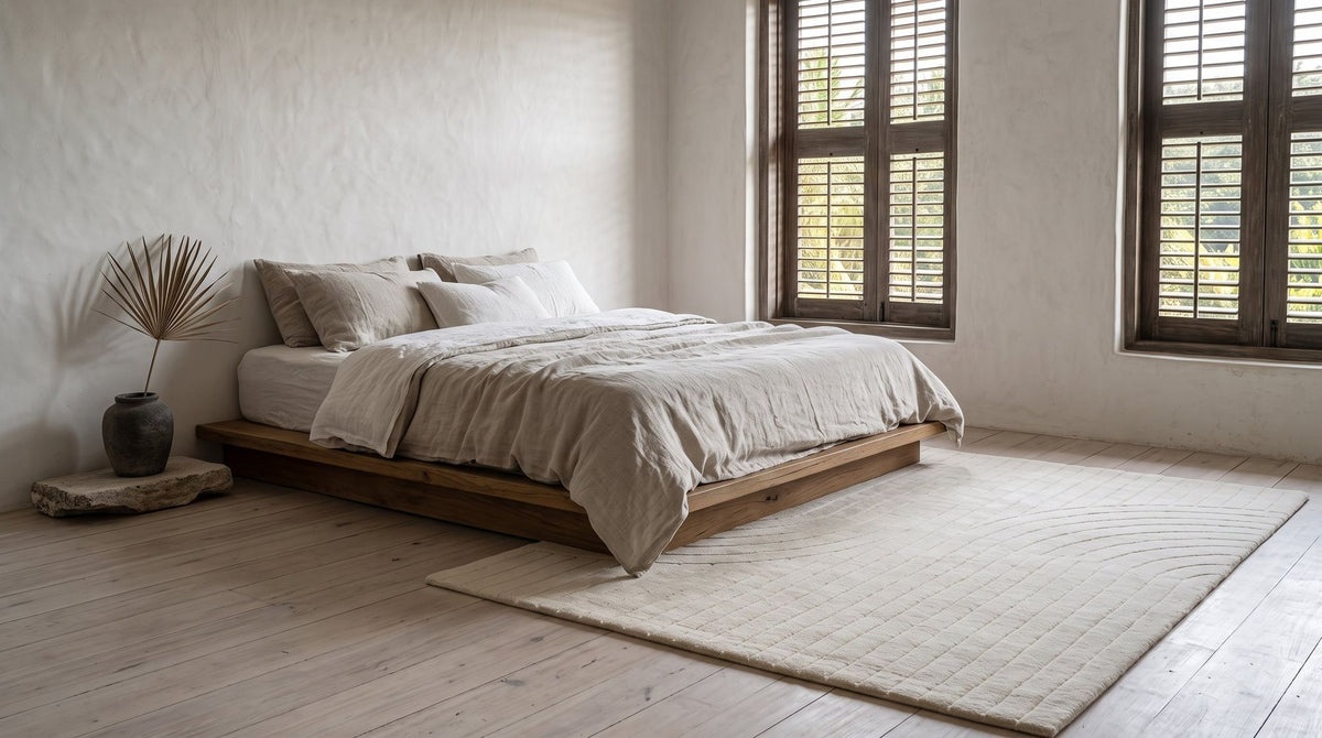 Bitte Wool Rug beside a low bed in a Goa bedroom, ivory New Zealand wool with fine lines worked into the pile.