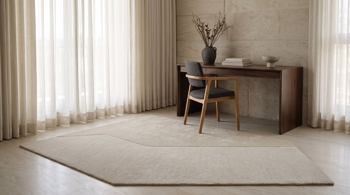 Cadence Wool Rug, hand tufted in New Zealand wool, in a study.
