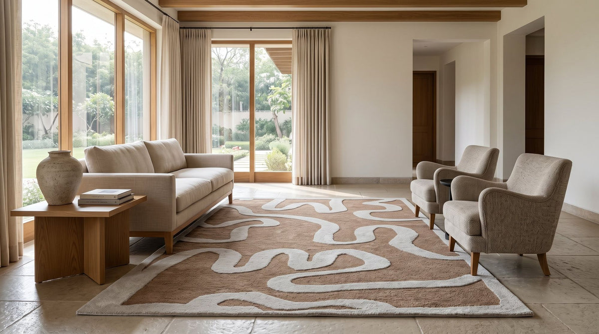 Congrand Wool Rug, an ivory line looping across camel wool, holding the whole seating group.