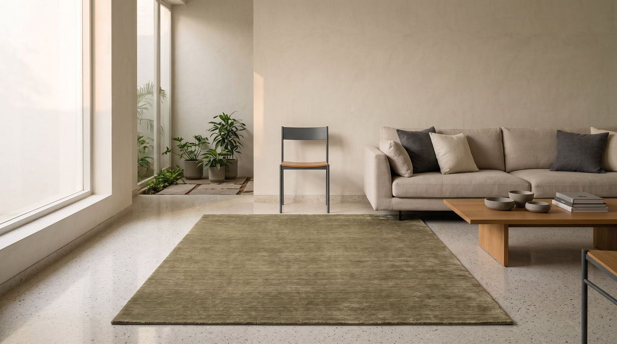 Grain Wool Rug in sage, handloom woven, in a living room.