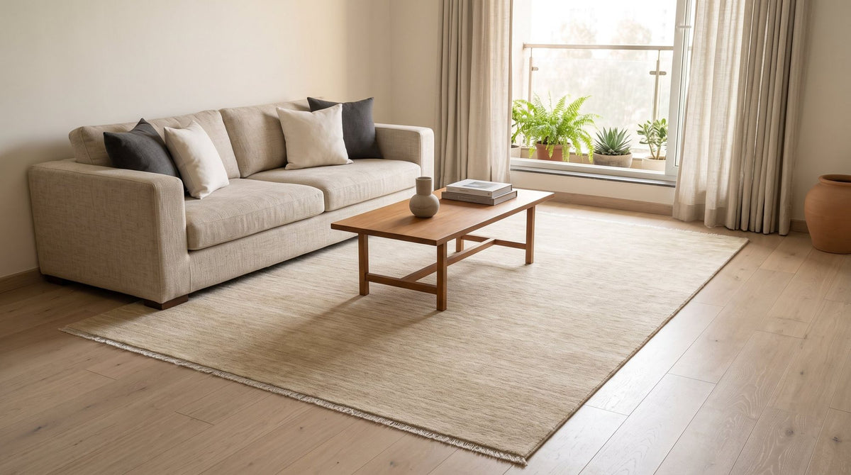 Grain Wool Rug in flax under a three seater in a compact living room, handloom New Zealand wool.