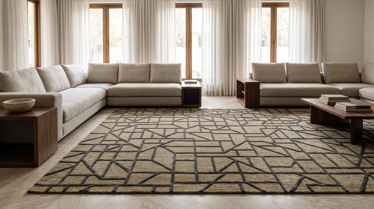 Pazo Knotted Rug in a styled South Delhi living room, hand knotted New Zealand wool.