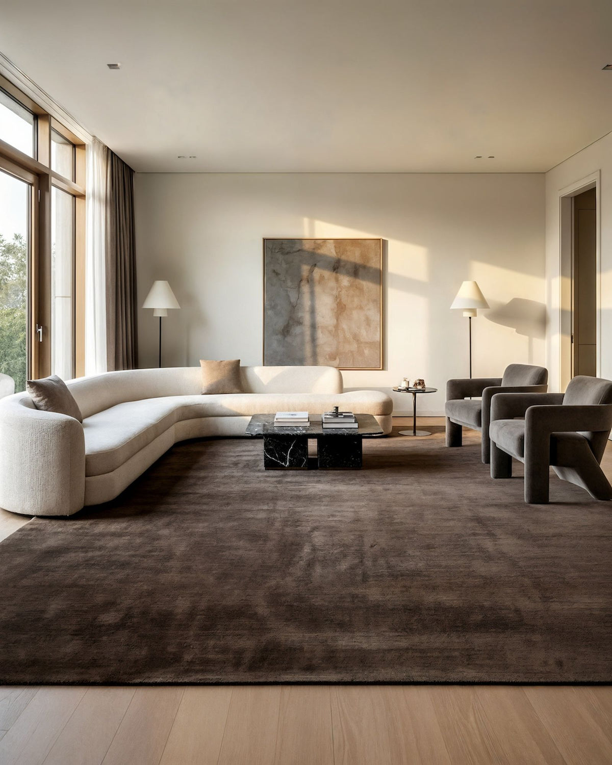 Pearl Fold Wool Rug, a real close up of long ivory pile with brown motifs in hand tufted New Zealand wool.