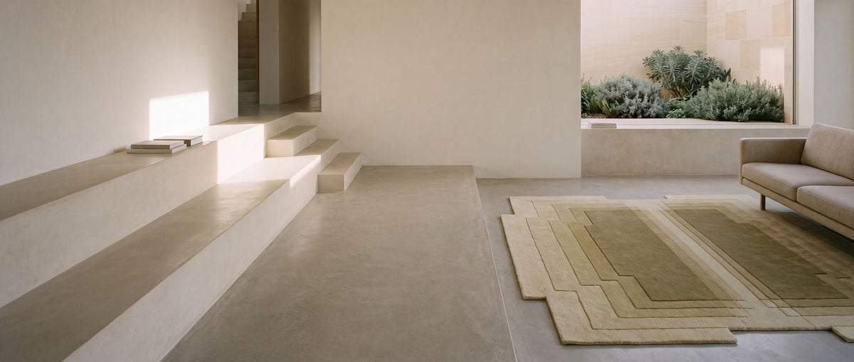 Talus Wool Rug in a wide sunken room with steps and a garden window, hand tufted New Zealand wool carved in green tones.