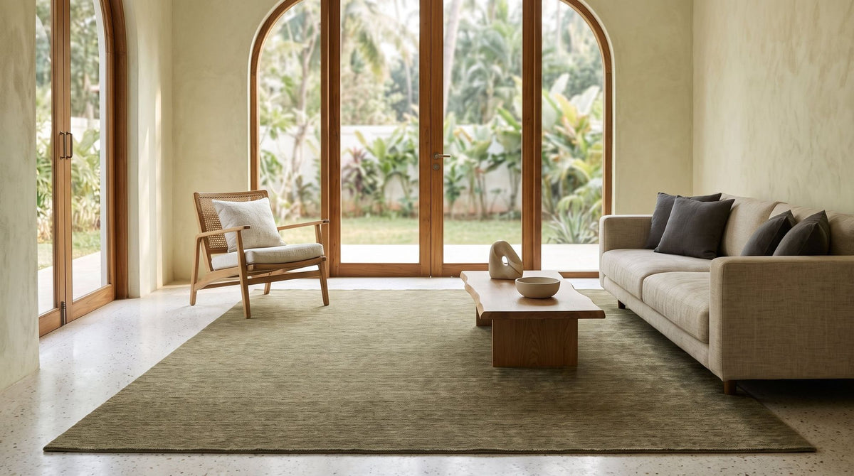 Grain Wool Rug in Sage in a styled render of a living room, handloom New Zealand wool on a terrazzo floor.