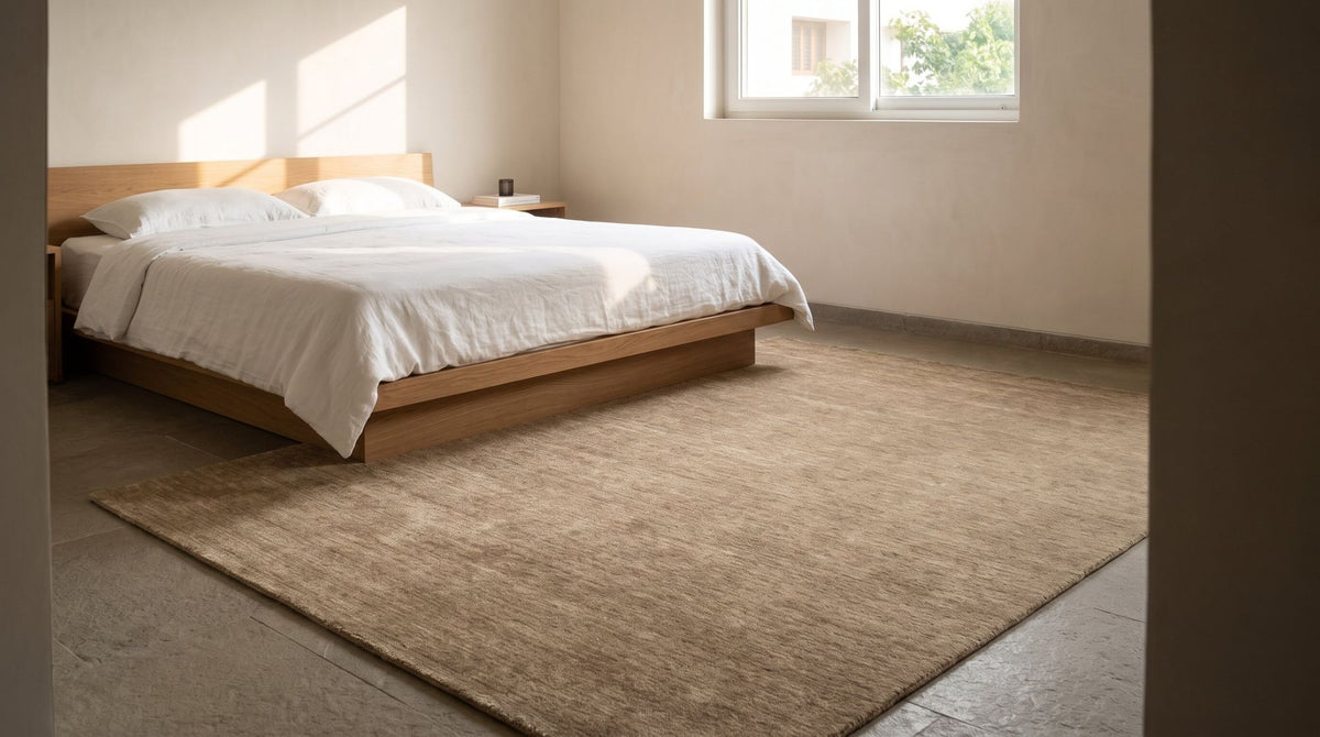 Grain Wool Rug in tan, handloom woven, beside a bed.