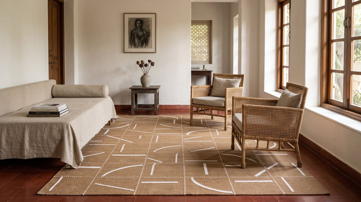 Sandstorm Reversible Rug in a living room, a handwoven flat rug with ivory marks on tan.