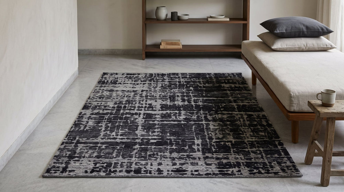 Ithaca Rug, hand knotted in wool, in a reading room.