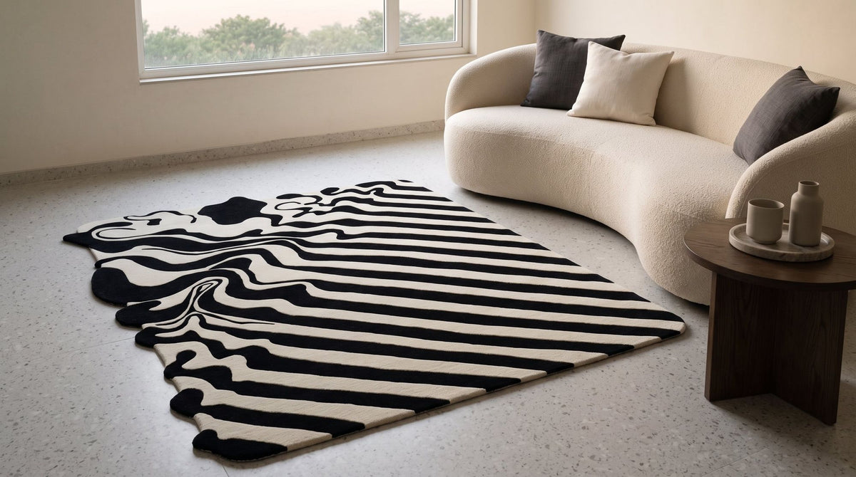 Fluid Wool Rug, hand tufted New Zealand wool with a shaped edge, beside a curved sofa. Room is a digital render; the rug is from a product photo.