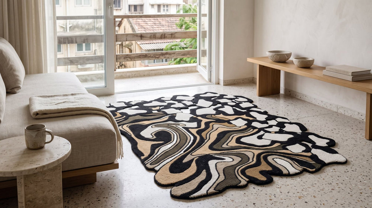 Amal Rug from Khaled Hashem x Rugberry in a styled render, shown in a render as no real room photograph exists yet.