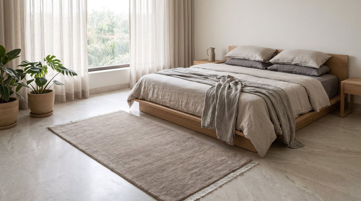 Grain Wool Rug in Mochaccino in a bedroom, handloom New Zealand wool with a low, close surface.