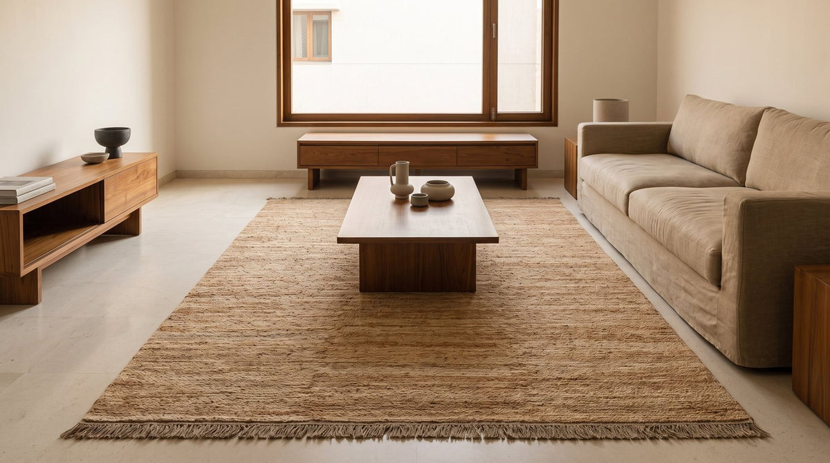 Savannah Jute Rug in Natural in a styled living room, hand knotted jute with a firm, textured surface.