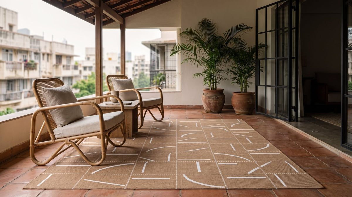 Sandstorm Reversible Rug under cane chairs on a covered verandah, handwoven in recycled fibres.