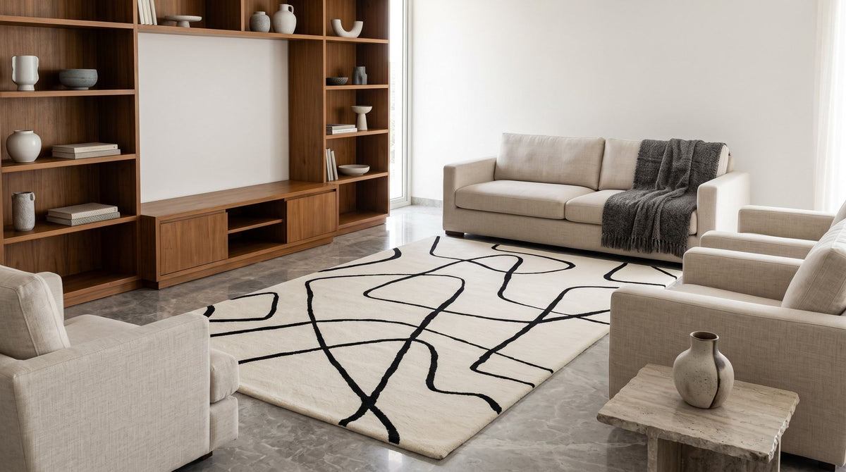 Tinker Wool Rug, black line marks on an ivory field, under a plain sofa. Room is a digital render; the rug is from a product photo.