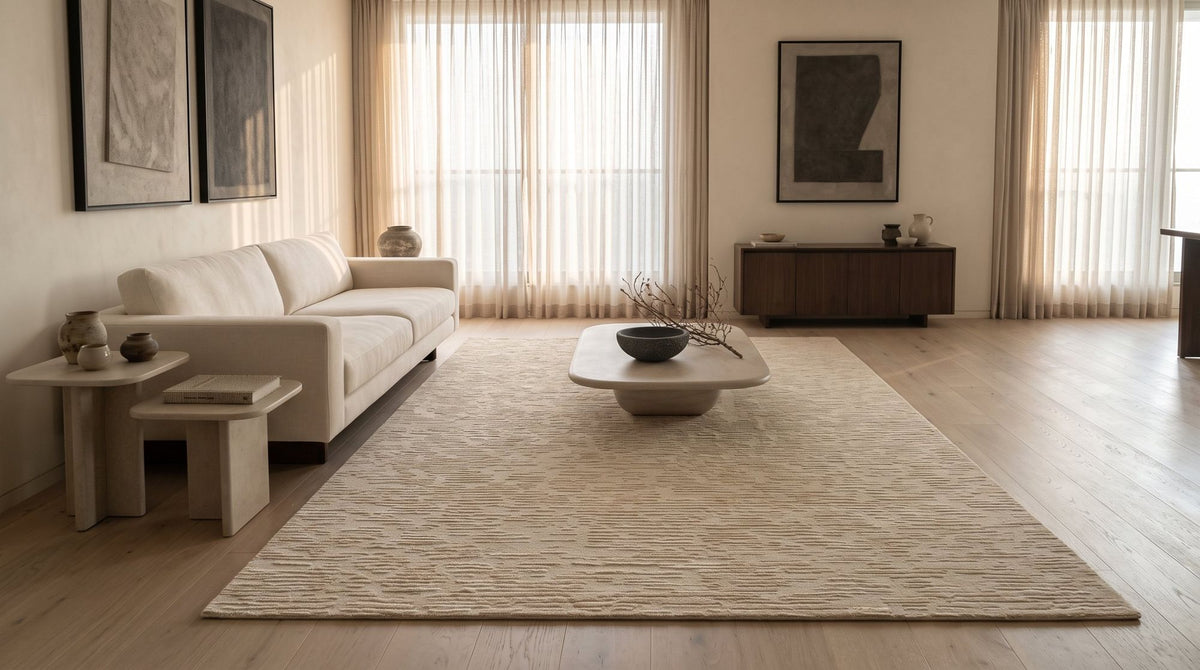 Cabella Wool & Silk Rug in Flax in a styled render, late light through sheer curtains across the silk.