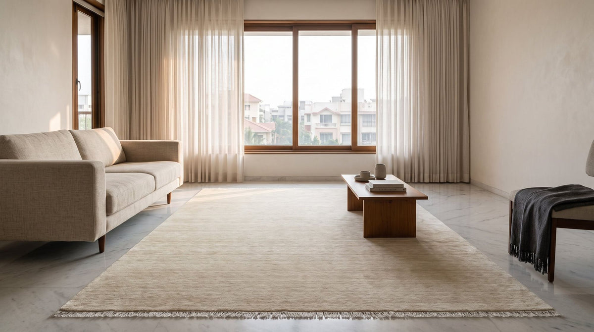 Grain Wool Rug in Flax in a styled render of a living room, handloom New Zealand wool beneath a plain linen sofa.