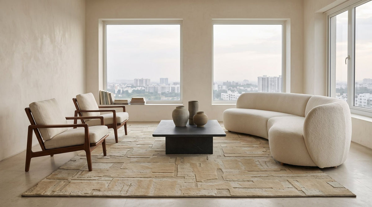 Stratum Knotted Rug in dune under a full seating group in a styled living room, hand knotted New Zealand wool. Room is a digital render; the rug is from a product photo.