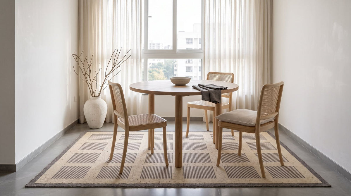 Kora Jute Rug, handwoven in jute, under a dining table.