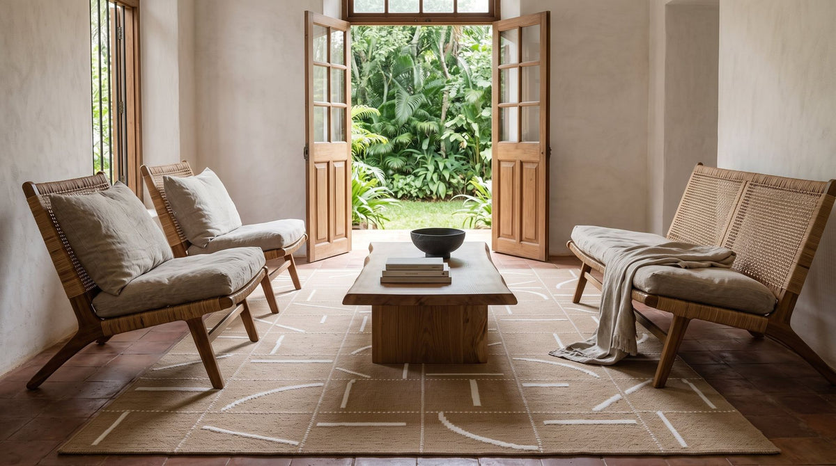 Sandstorm Reversible Rug in a styled sitting room, a handwoven flatweave with a pale line pattern.