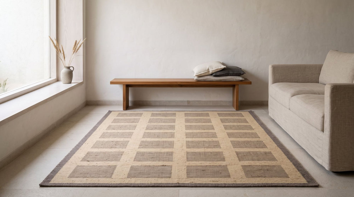 Kora Jute Rug in a living room, handwoven jute in a grid of banded marks.