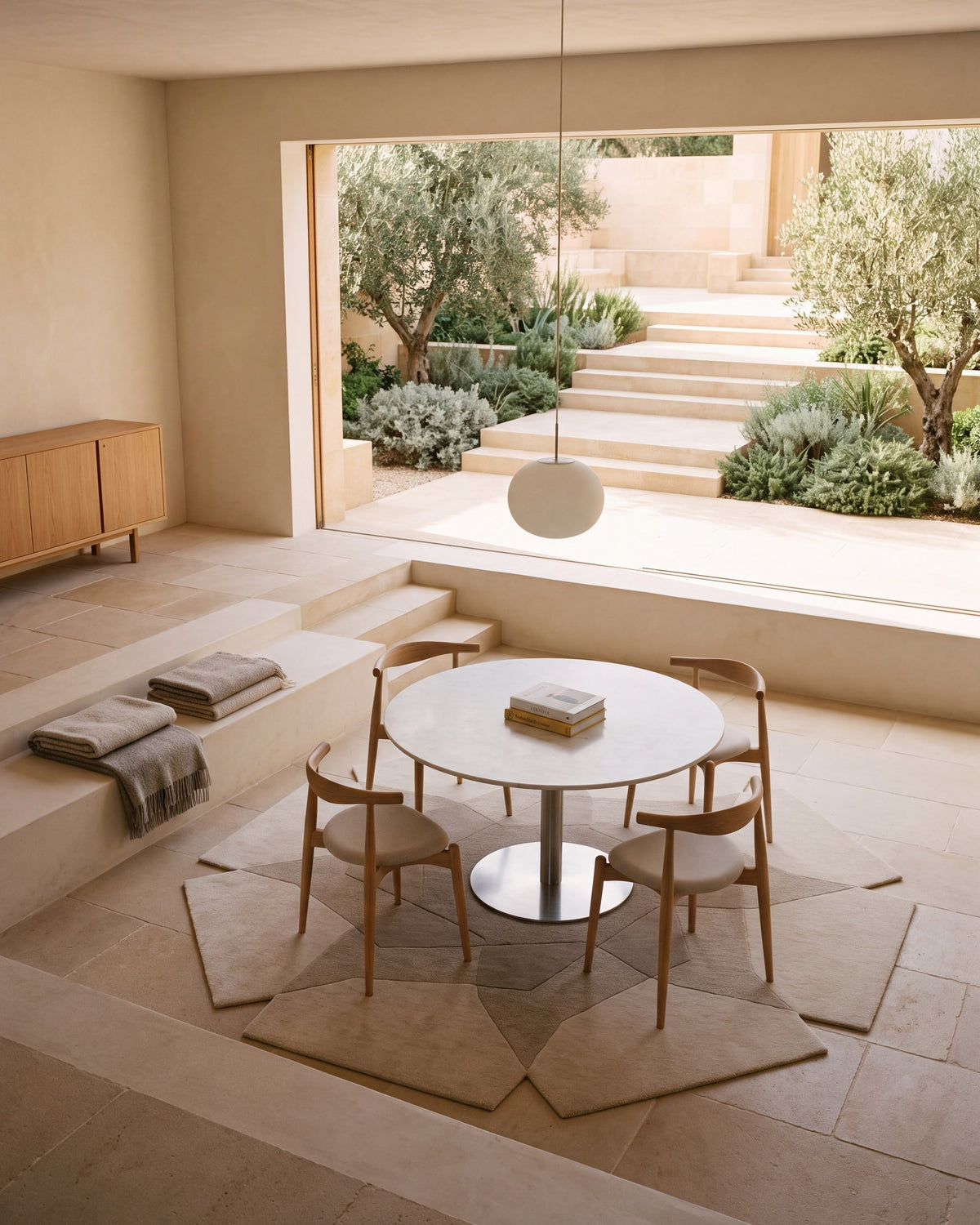 Facet rug under a round dining table