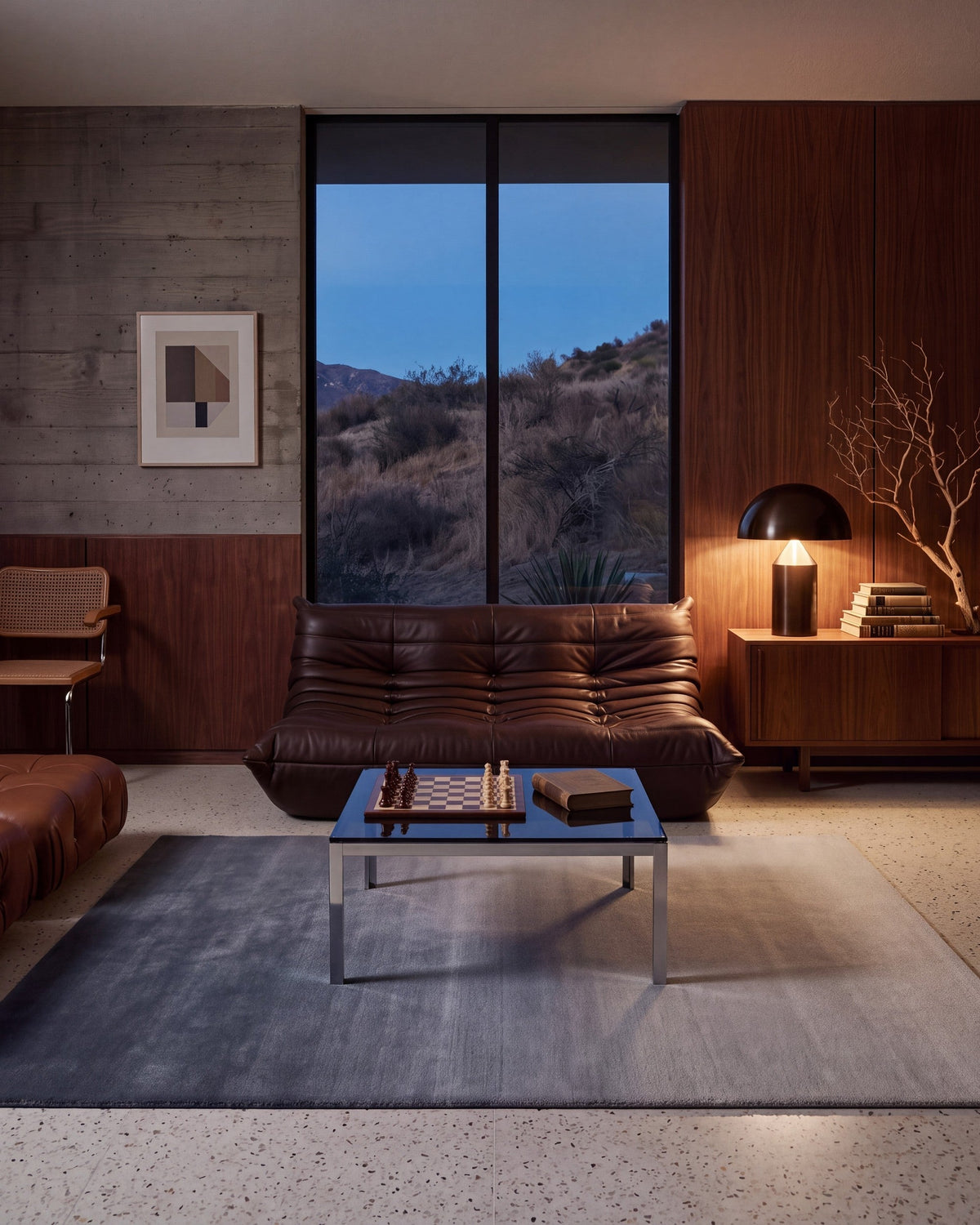 Solaris, Ombré Dusk rug, Slate, living room, blue hour (lamp)