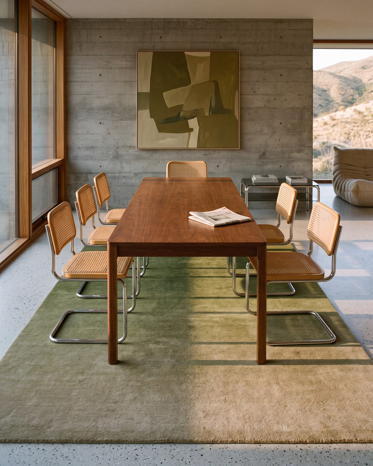 Solaris, Ombré Meadow rug, Olive, dining room, morning, lengthwise (bump retouched)
