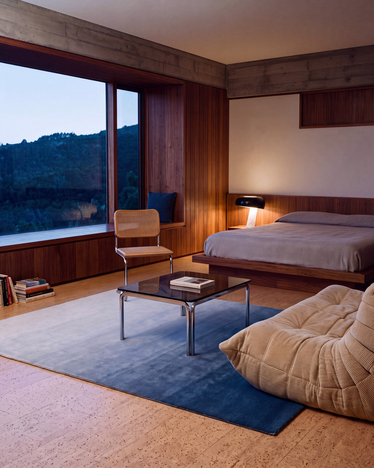 Solaris, Ombré Mystique rug, Indigo, bedroom, before dawn (gradient fixed) (lamp)