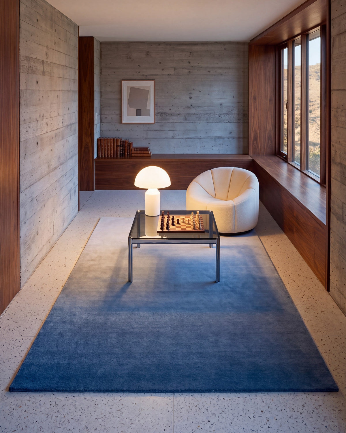 Solaris, Ombré Mystique rug, Indigo, window seat, before dawn, lengthwise (lamp)