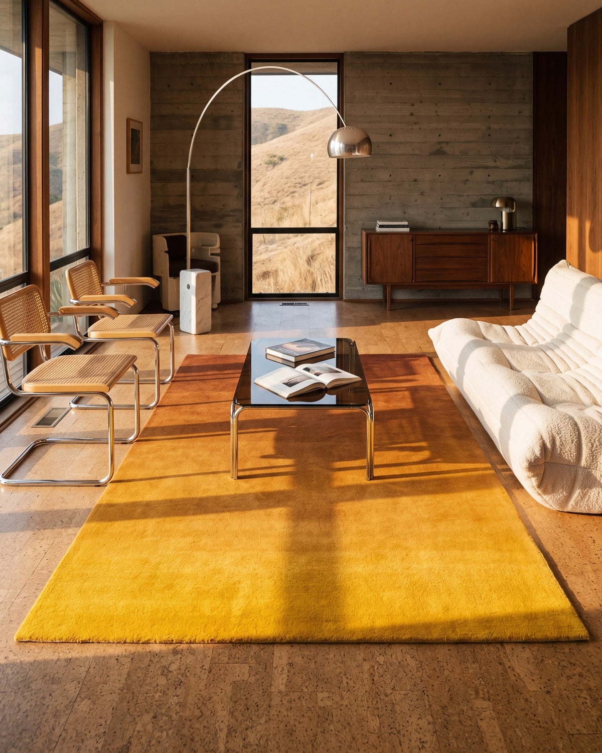 Solaris, Ombré Pristine rug, Rust, living room, golden hour (lengthwise)