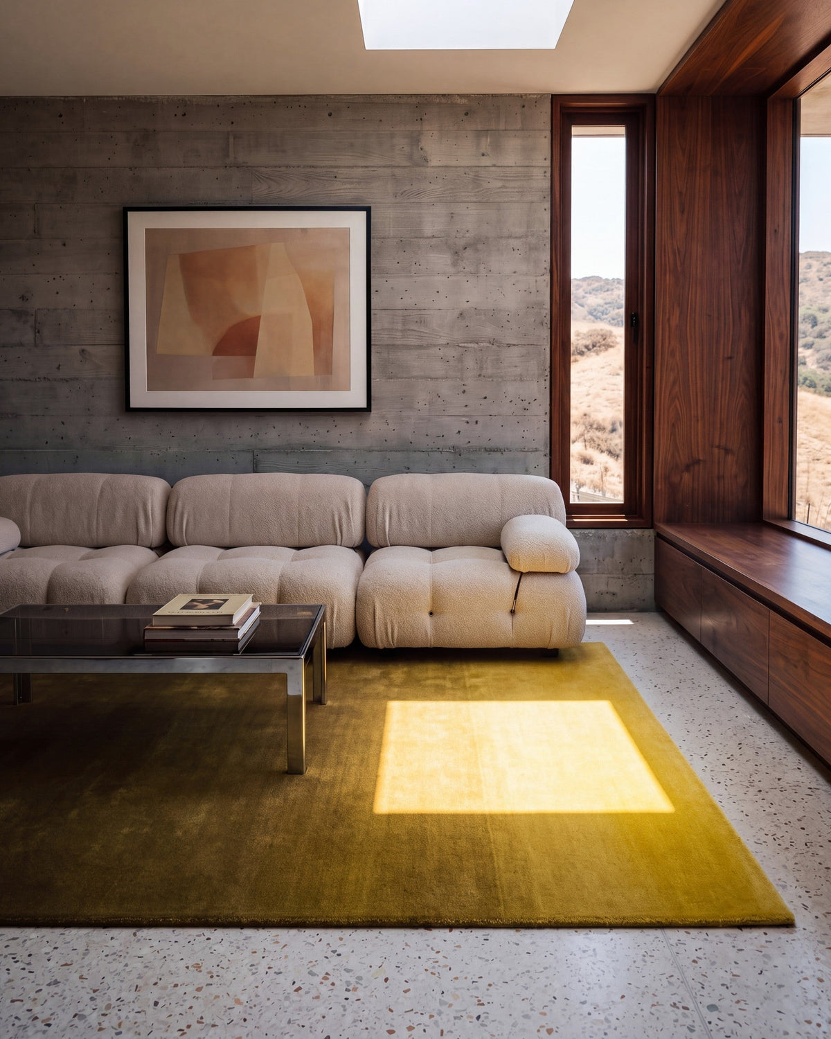 Solaris, Ombré Solitude rug, Ochre, living room, noon (rug fixed)